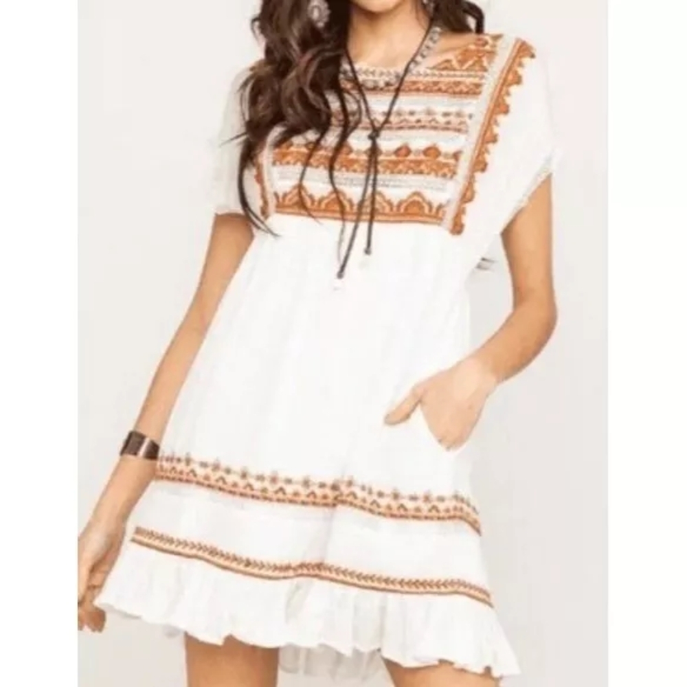 White and Tan Free People Flutter Sleeve Mini Sundress